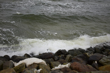 Sea waves smashing in to the shore rocks, Poland, Sopot