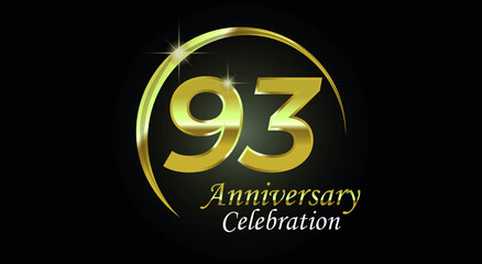 93 years anniversary celebration. Anniversary logo with ring in golden color isolated on black background with golden light, vector design for celebration, invitation card and greeting card