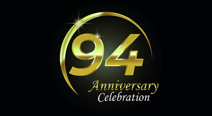 94 years anniversary celebration. Anniversary logo with ring in golden color isolated on black background with golden light, vector design for celebration, invitation card and greeting card