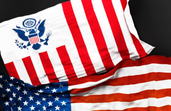 Flag of the United States Customs Service along with a flag of the United States of America as a symbol of a connection between them, 3d illustration