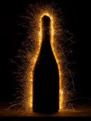 Sparkling outline of champagne bottle on the dark background. Festive background.