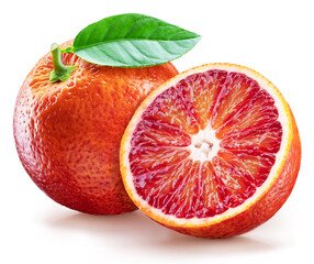 Red orange with green leaf and orange slice on white background. File contains clipping path.