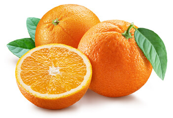 Orange fruits and orange slice with green leaves on white background. File contains clipping path.