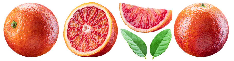 Set of red orange, orange slices and orange leaves. File contains clipping paths.