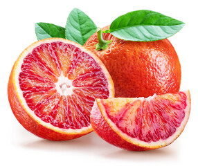 Red orange with green leaf and orange slices on white background. File contains clipping path.
