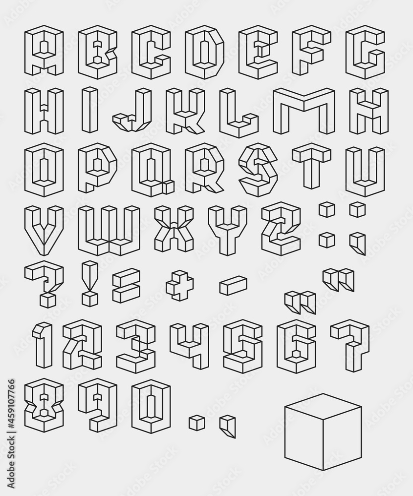 Fototapete vector set of black and white characters. 3d isometric font. contour alphabet. vector letters, numbe