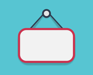 Empty frame with red border hanging on blue background with shadow underneath.