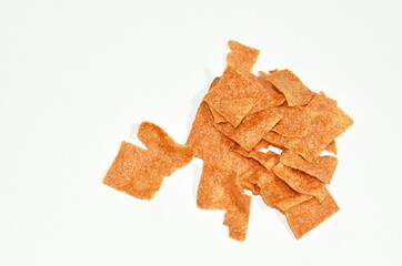 baked slice crispy pork Thai salty snack on white background