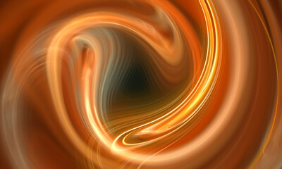 Abstract fluid funnel or vortex of red orange yellow color mix with black hole in shape of twist. Magic illusion in digital illustration. Great as background, festive wallpaper, print or cover.