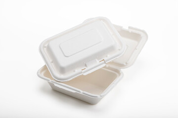 Bagasse food box on white background , Natural eco-friendly disposable utensil concept - obrazy, fototapety, plakaty