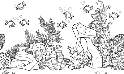 Horizontal seamless background from seabed and its inhabitants anemones and coral on stones  linear drawing for coloring page