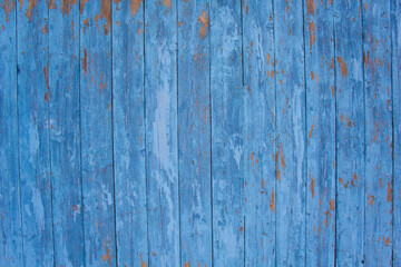 Fototapeta na wymiar blue wood texture background, top view wooden plank panel, peeling paint on wood