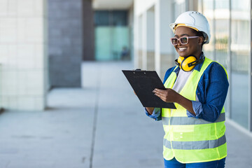 Female construction site engineer. Professional engineer in safety equipment at construction site. Building, developing, construction and architecture concept 