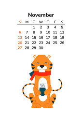 Vertical calendar 2022 with tigers. November page. A4 format pages. Tiger in cartoon style. Chinese horoscope. Week starts on Sunday. Hot drinks. Cup of tea. Hygge. Fall month. Winter is coming