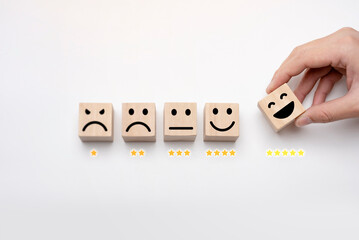 Best service rating, Customer Experience Concept, The hand of the customer rated the highest satisfaction with 5-star rating.