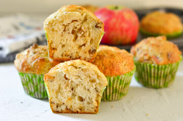 Sweet dessert apple muffins with cinnamon and nuts. White background. Horizontal