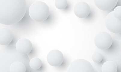Vector white ball abstract background. Light coloured Background with white balls. 3d round spheres. Geometric design elements circle ball pattern. Flying shapes in empty space. Vector illustration.