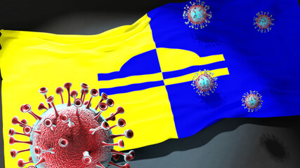 Covid in Ede - coronavirus attacking a city flag of Ede as a symbol of a fight and struggle with the virus pandemic in this city, 3d illustration