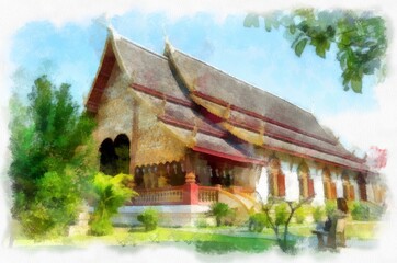 Ancient architecture of northern thailand watercolor style illustration impressionist painting.