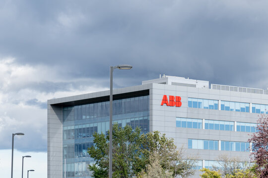 Saint-Laurent, QC, Canada - September 3, 2021: Close up of ABB sign at their Canadian headquarters in Saint-Laurent, QC, Canada. ABB is a technology company headquartered in Switzerland. 