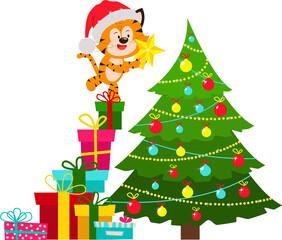 A tiger is decorating a Christmas tree. The Year of the Tiger. A tiger in a red hat stands on a mountain of gifts and decorates the Christmas tree with a golden star.