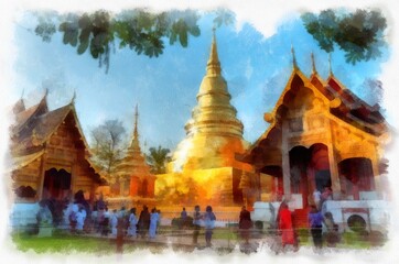 Fototapeta premium Ancient architecture of northern thailand watercolor style illustration impressionist painting.