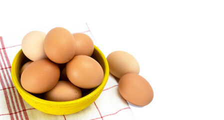 Chicken eggs close-up and background copy space