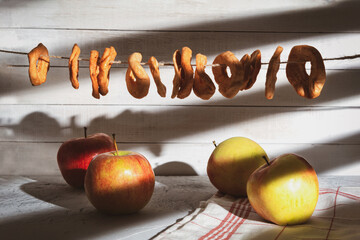 Dried apples on a rope, Harvesting for the winter