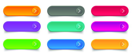 Web buttons flat design template with color gradient and thin line outline style. Vector isolated rectangular rounded web page next arrow button elements set on white background.