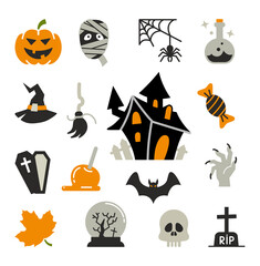 Flat icons with traditional Halloween symbols. Vector icons
