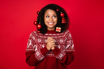 Portrait of attractive girlish cheerful girl wearing decor in hair eve festal day isolated over...