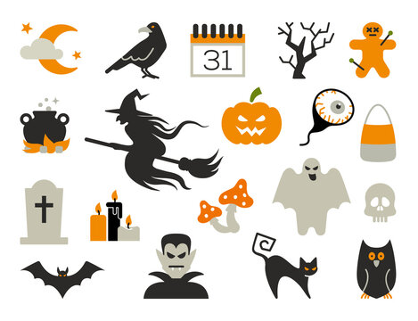 Flat icons with traditional Halloween symbols. Vector icons