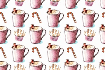 Seamless pattern whis pink coffee cup and cookies for wrapping paper and fabric design. Watercolor hand painted illustration
