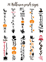 Halloween lettering with pumpkin, spiders, web. Vertical halloween sign. Front Porch Sign.