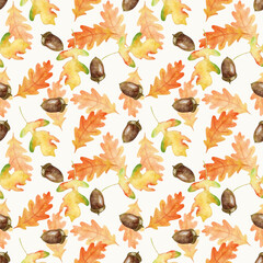 Hand painted watercolor seamless pattern Autumn oak