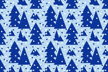 Seamless geometric winter pattern. Dark blue Christmas trees on a blue background. Watercolor hand painted illustration