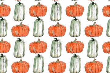 Pumpkin seamless pattern. Watercolor hand painted illustration. Halloween background, autumn collection