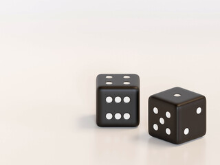 3d rendering dice with black dots hanging in half turn showing different numbers. Lucky dice. Board games. Money bets.