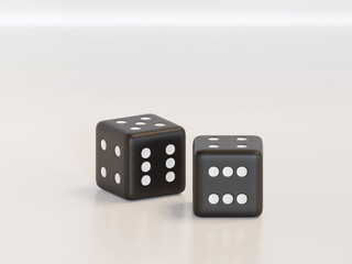 3d rendering dice with black dots hanging in half turn showing different numbers. Lucky dice. Board games. Money bets.