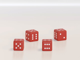 3d rendering dice with black dots hanging in half turn showing different numbers. Lucky dice. Board games. Money bets.