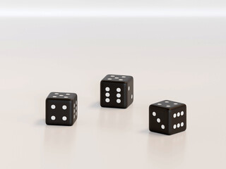 3d rendering dice with black dots hanging in half turn showing different numbers. Lucky dice. Board games. Money bets.