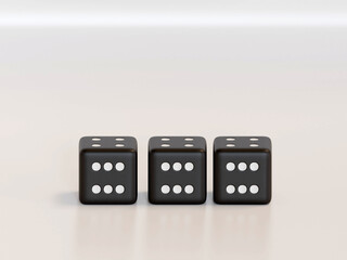 3d rendering dice with black dots hanging in half turn showing different numbers. Lucky dice. Board games. Money bets.