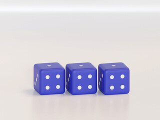 3d rendering dice with black dots hanging in half turn showing different numbers. Lucky dice. Board games. Money bets.