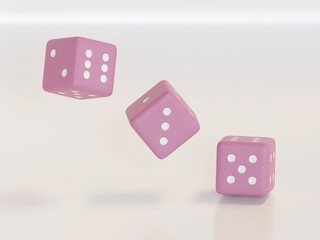3d rendering dice with black dots hanging in half turn showing different numbers. Lucky dice. Board games. Money bets.