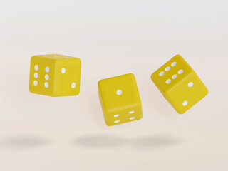 3d rendering dice with black dots hanging in half turn showing different numbers. Lucky dice. Board games. Money bets.