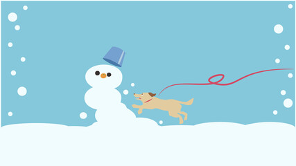 雪だるまへ飛びかかる犬