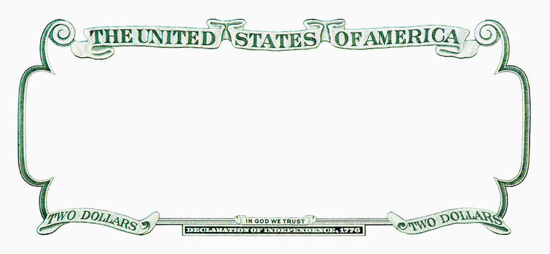 U.S.A. 2 dollar border with empty middle area. Clear Two dollar side banknote pattern for your picture or text. U.S. 2 highly detailed dollar banknote. on a white background.