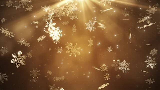 Beautiful snowflakes falling on golden background. Winter, Christmas, New Years, Holidays background. Seamless looping 4k