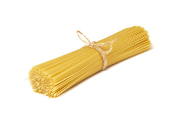 Bunch of uncooked spaghetti pasta tied with rope isolated on white background.