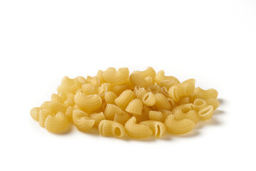 Heap of raw elbow macaroni isolated on white background